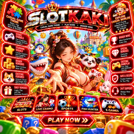SLOTKAKI casual games – banner red and gold: cute mascots and toys