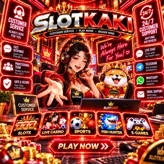 SLOTKAKI customer service – banner red and gold: 24/7 support agent and contact channels