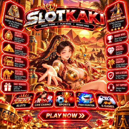 SLOTKAKI desert theme – banner red and gold: pyramids and a camel caravan