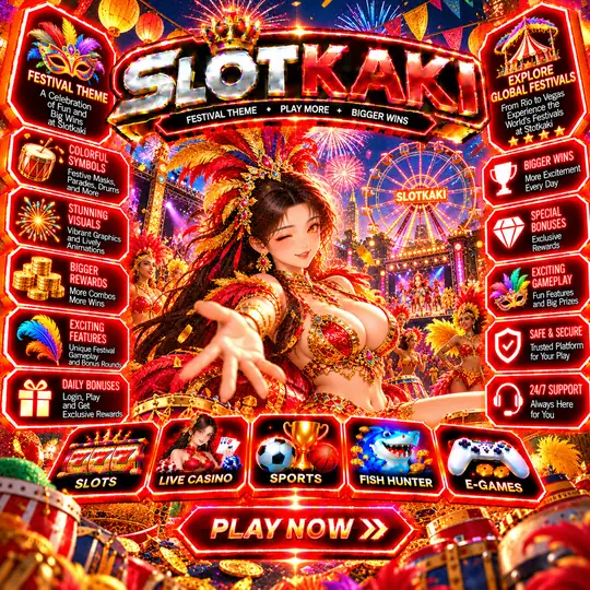 SLOTKAKI festival theme – banner red and gold: fireworks and a festival stage