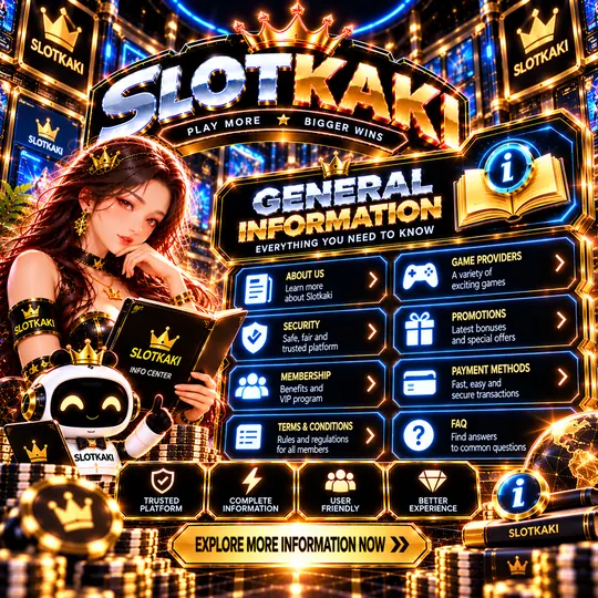 SLOTKAKI general information – banner black and gold: info icon and a list of topics