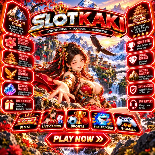 SLOTKAKI mountain theme – banner red and gold: hiker and snowy peaks