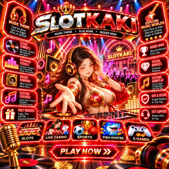SLOTKAKI music theme – banner red and gold: DJ and music notes