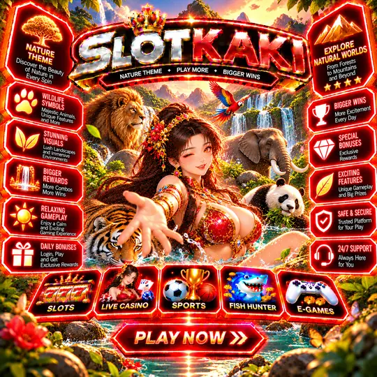 SLOTKAKI nature theme – banner red and gold: waterfalls and wildlife